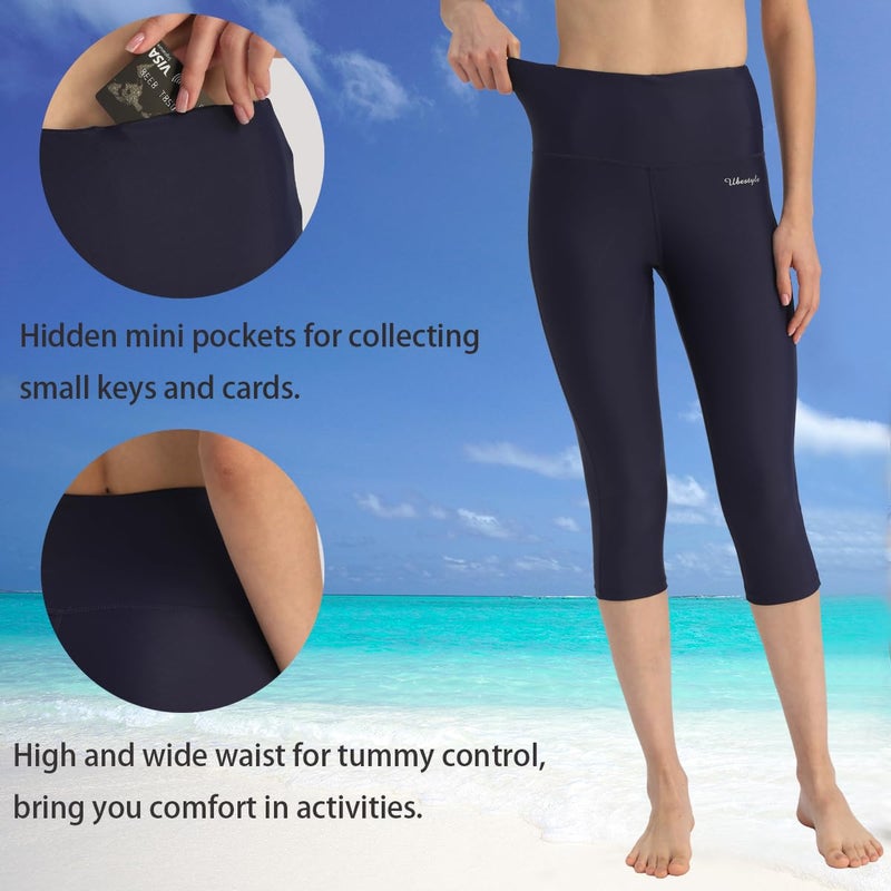 Ubestyle UPF 50+ High Rise Swim Pants for Women Swim Capris Legging Swim Tights Rash Guard Pants Sun Protective Navy - Image 3